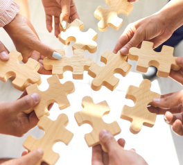 multiple hands putting together puzzle pieces